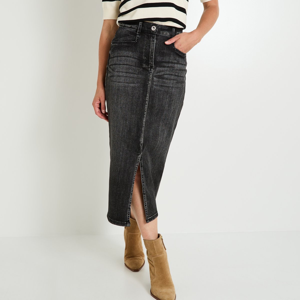 Jupe longue en denim gris dark grey, GRAIN DE MALICE