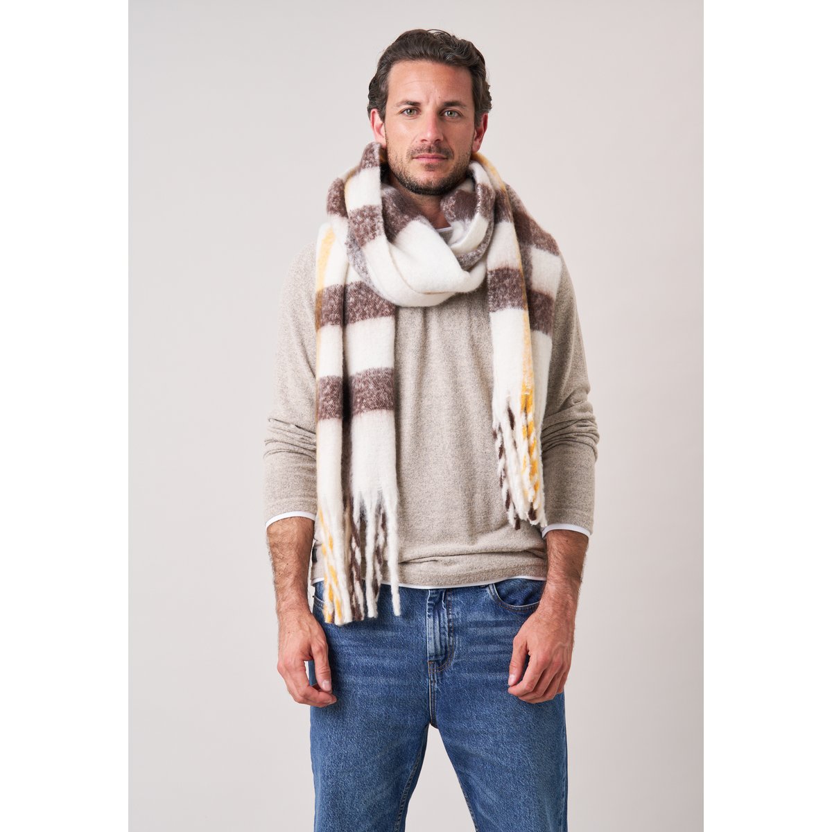 Écharpe homme à carreaux avec franges SOLANO natural, DEELUXE