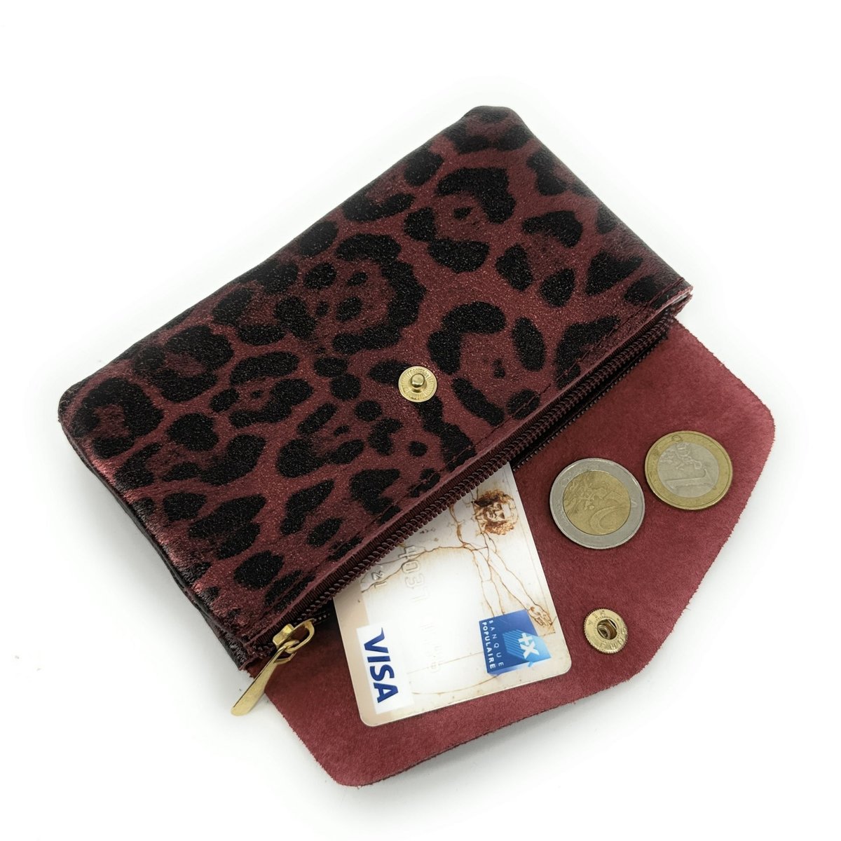 Pochette porte-monnaie en cuir irisé italien COMPO JUNGLE léopard bordeaux irisé, OH MY BAG