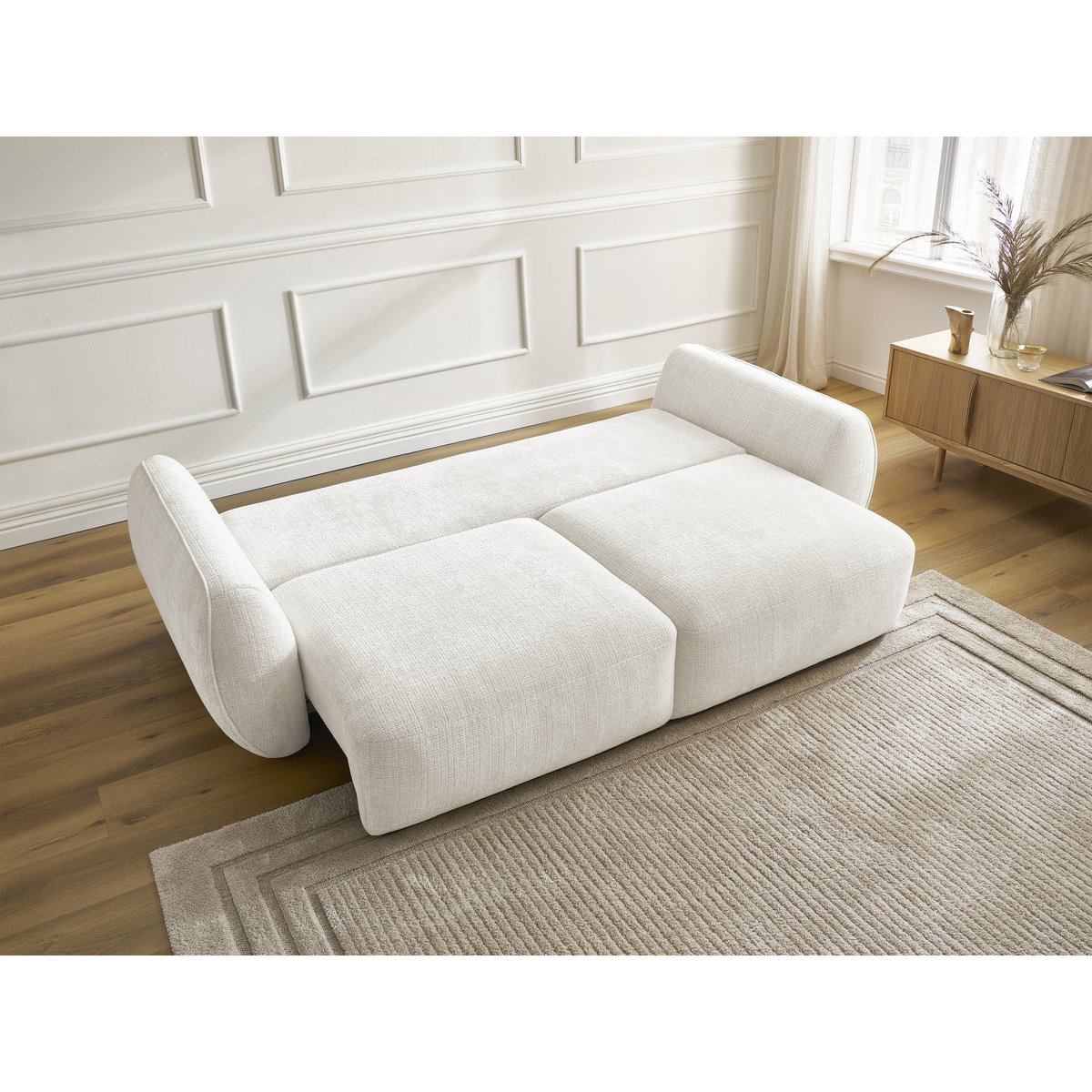 Canapé droit convertible 3 places en tissu texturé, DENISE blanc, BOBOCHIC