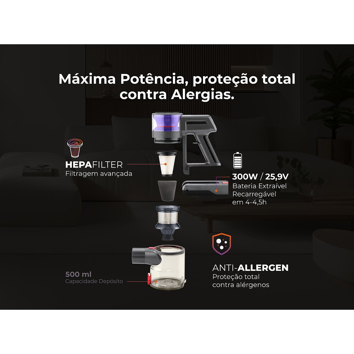 Aspirador Vertical Sem Fios ProClean Flex 50 1649FL, FLAMA laranja, FLAMA