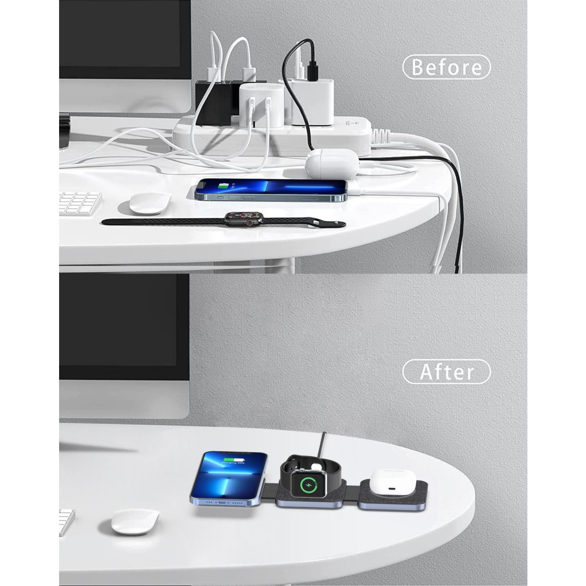 Chargeur sans fil MagSafe 3 en 1 plat pliable 15W couleur unique, ADEQWAT