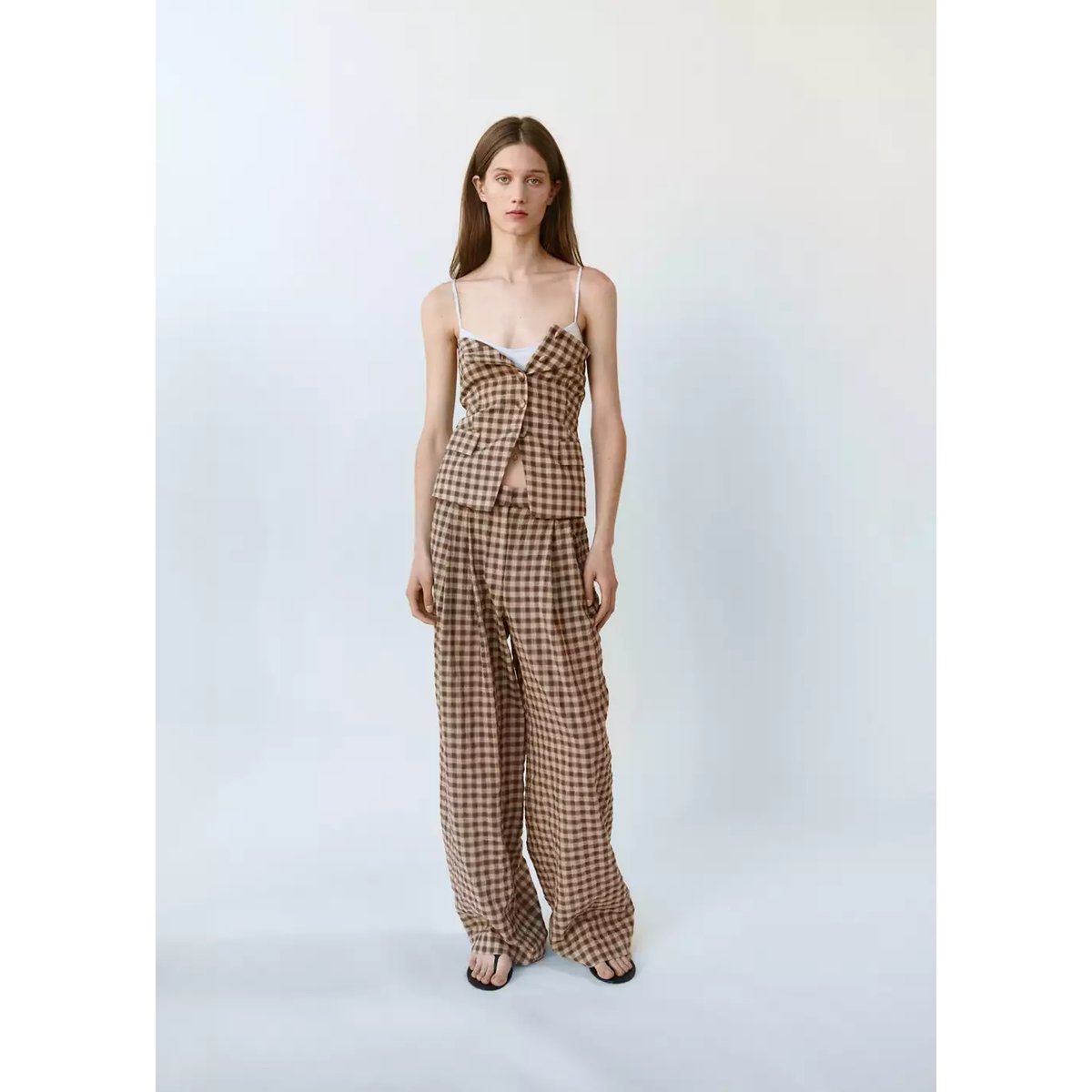 Top bustier à carreaux vichy marron, MANGO