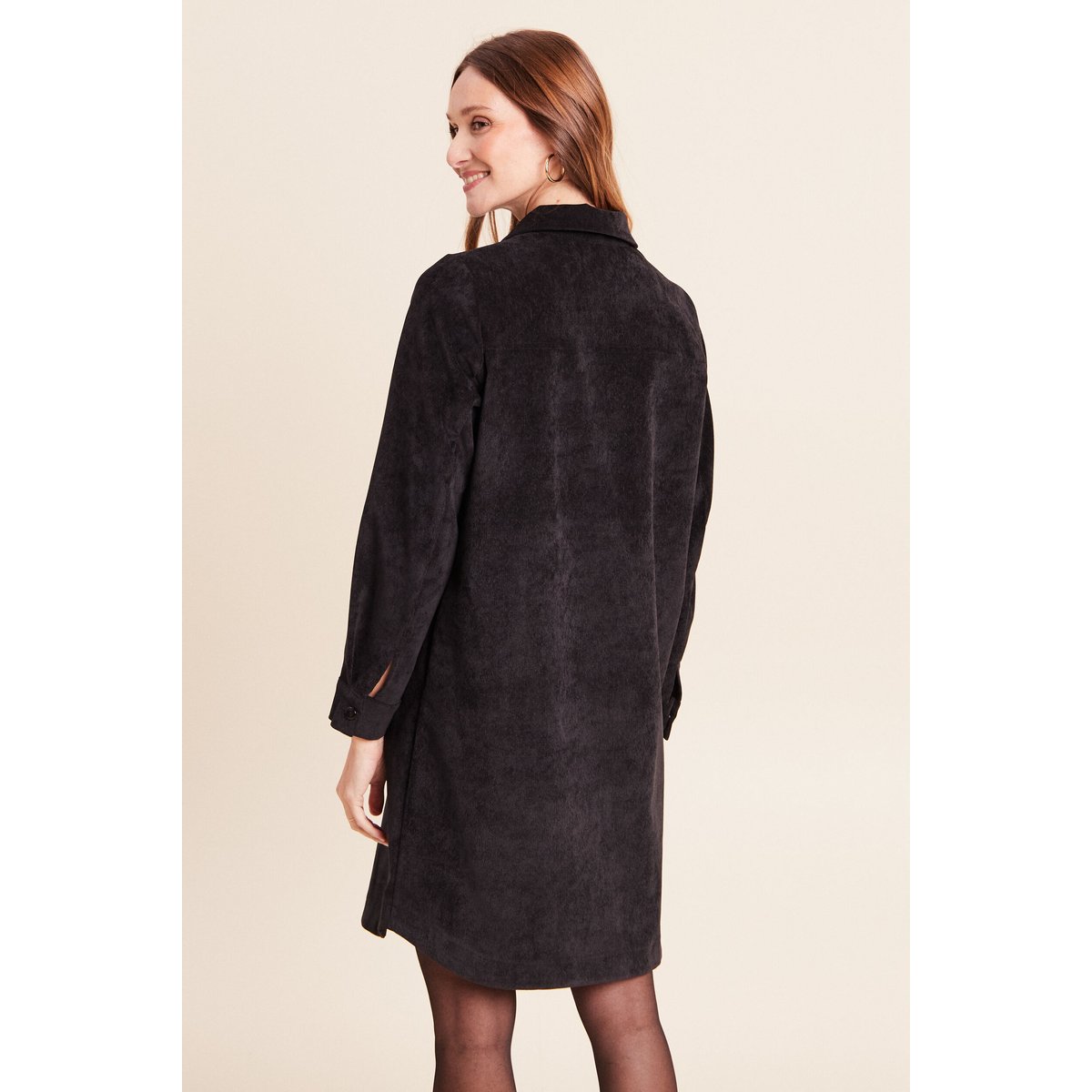 Robe droite courte velours col chemise noir, BREAL