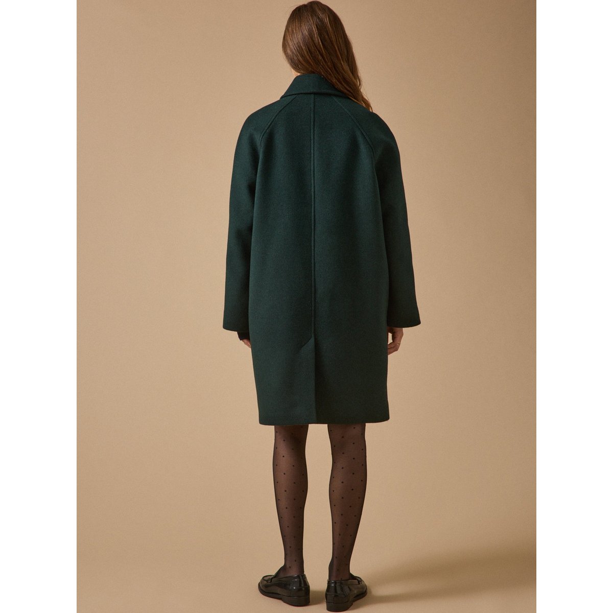 Manteau mi-long lainage uni vert fonce, CYRILLUS