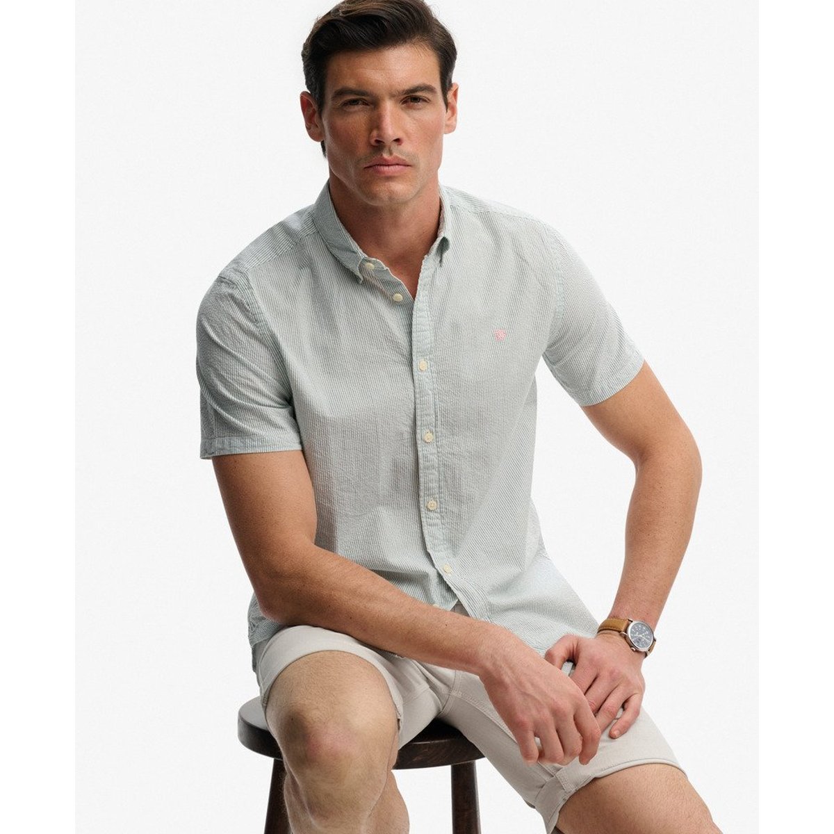 Chemise à manches courtes en seersucker classique crème/vert, SUPERDRY