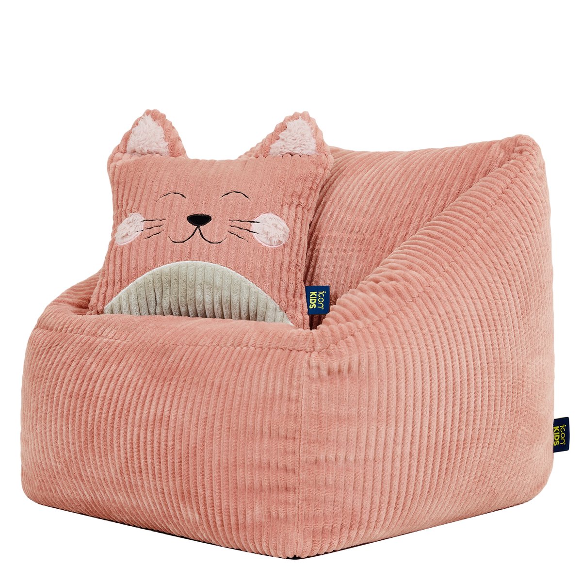 Pouf fauteuil enfant avec coussin animal en velours côtelé Oeko-Tex® - NATALIA rose chat, ICON