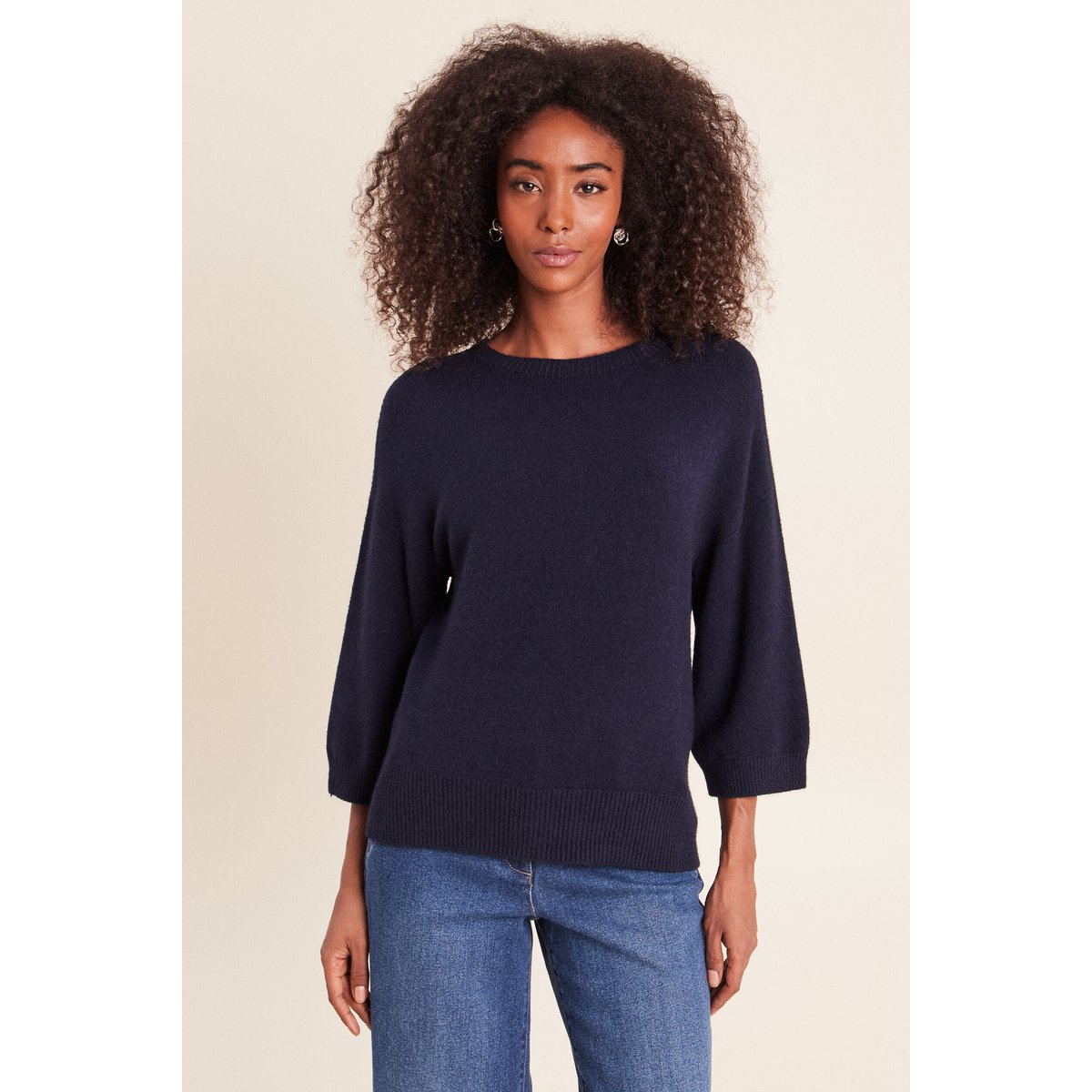Pull droit col rond manches 3/4 bleu marine, BREAL