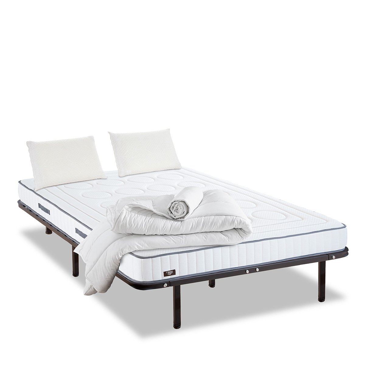 Prêt-à-dormir CRISTAL avec Cadre à lattes, Couette, Oreillers et Protège-matelas blanc, OLYMPE LITERIE