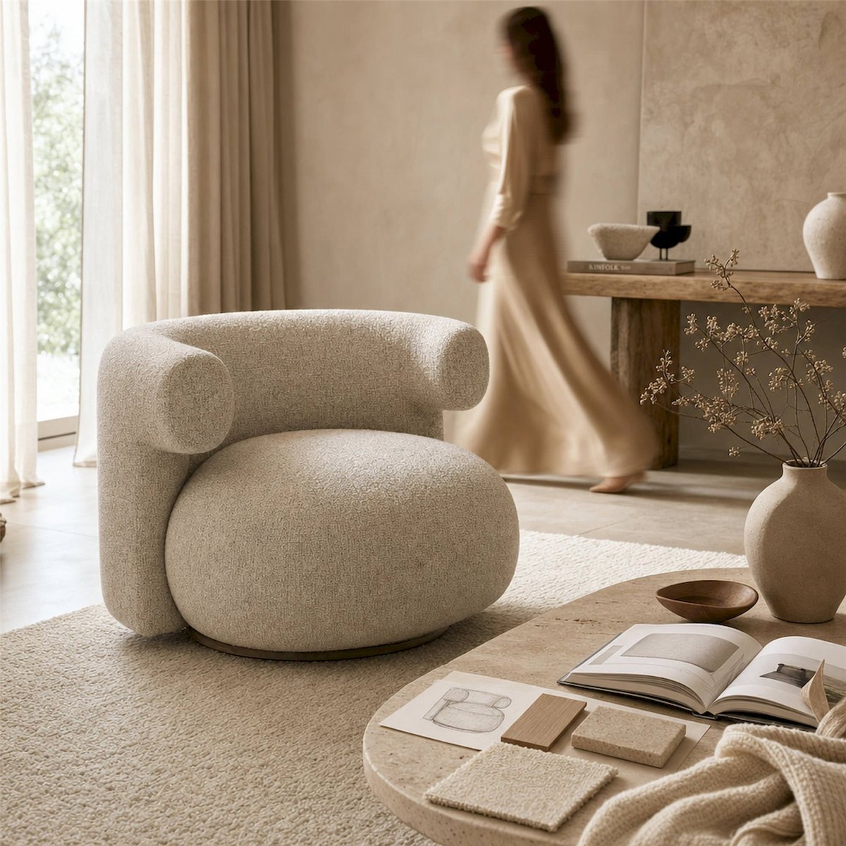Fauteuil lounge pivotant en tweed crème tweed, RECOLLECTION