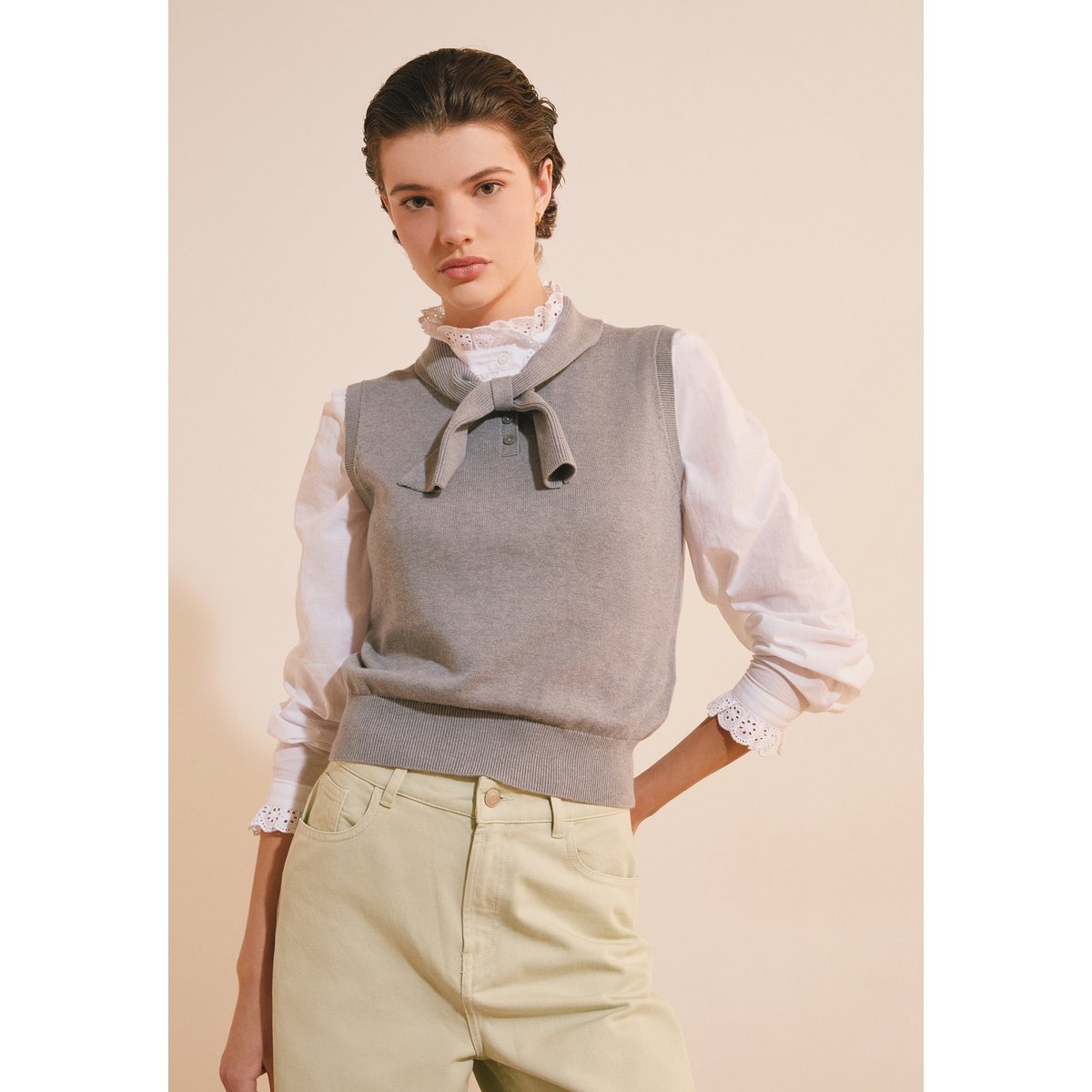 Pull sans manches avec lien à nouer en coton SORAYA gris clair, ETAM