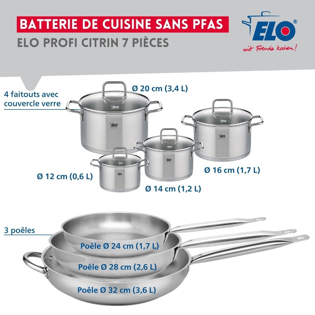 3 poêles 24/28/32cm + 4 faitouts 12/14/16/20cm PROFI CITRIN gris, ELO