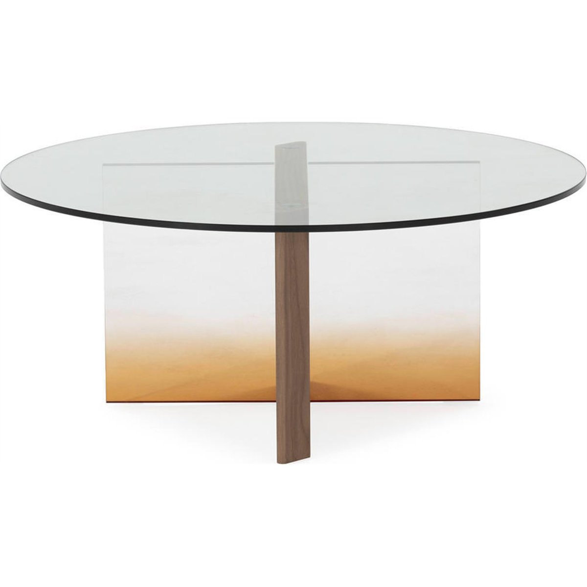 Table basse ronde design contemporain noyer, transparent et ambre, RECOLLECTION