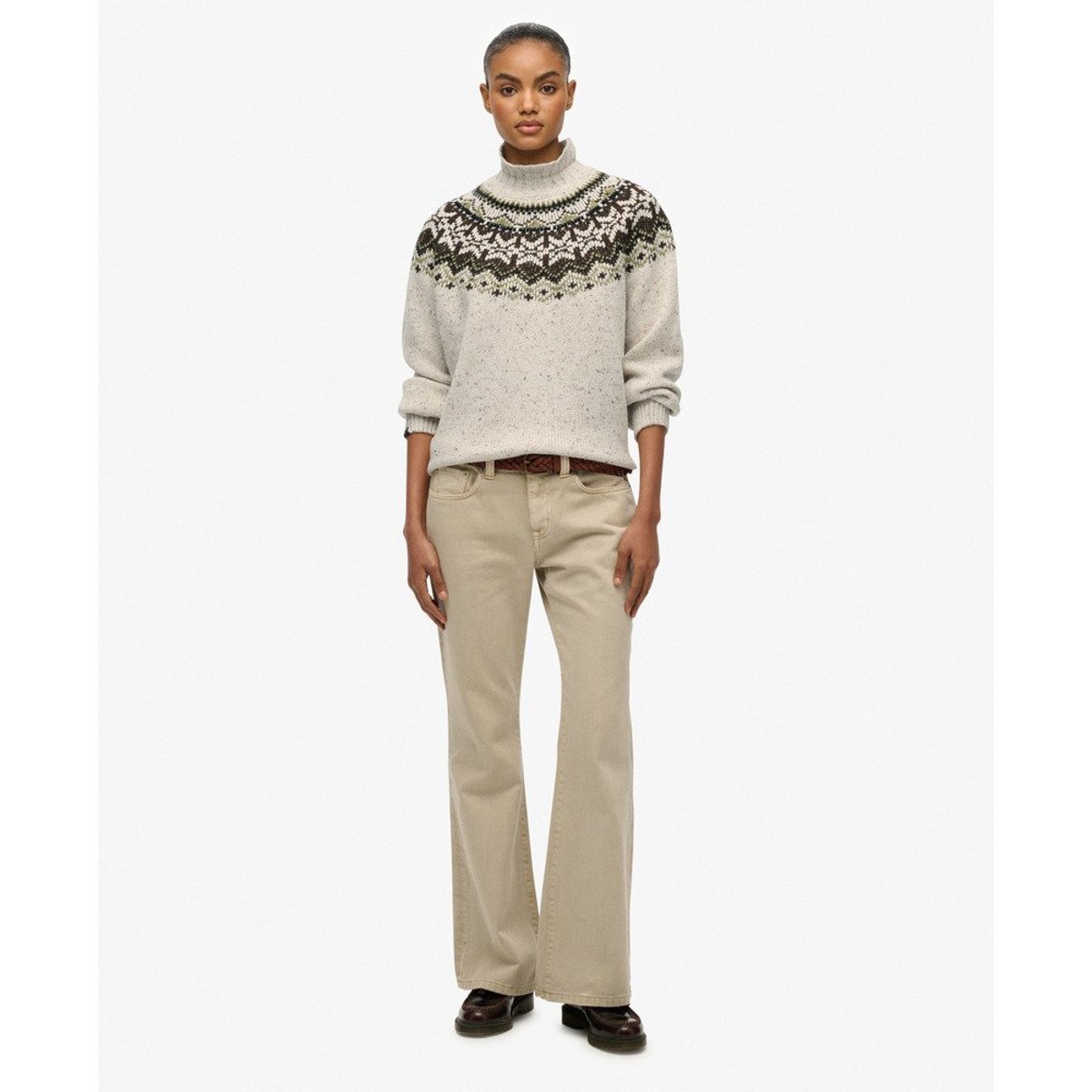 Pull à col montant en jacquard blanc cassé multi, SUPERDRY