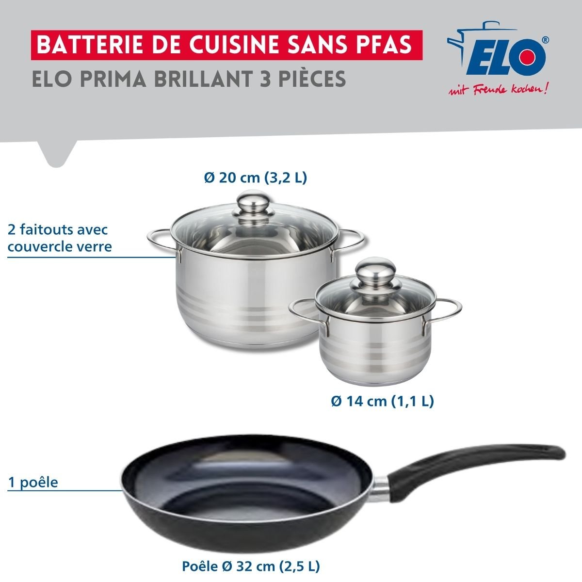 Batterie 1 poêle 32cm + 2 faitouts 14/20cm PRIMA BRILLANT noir, ELO