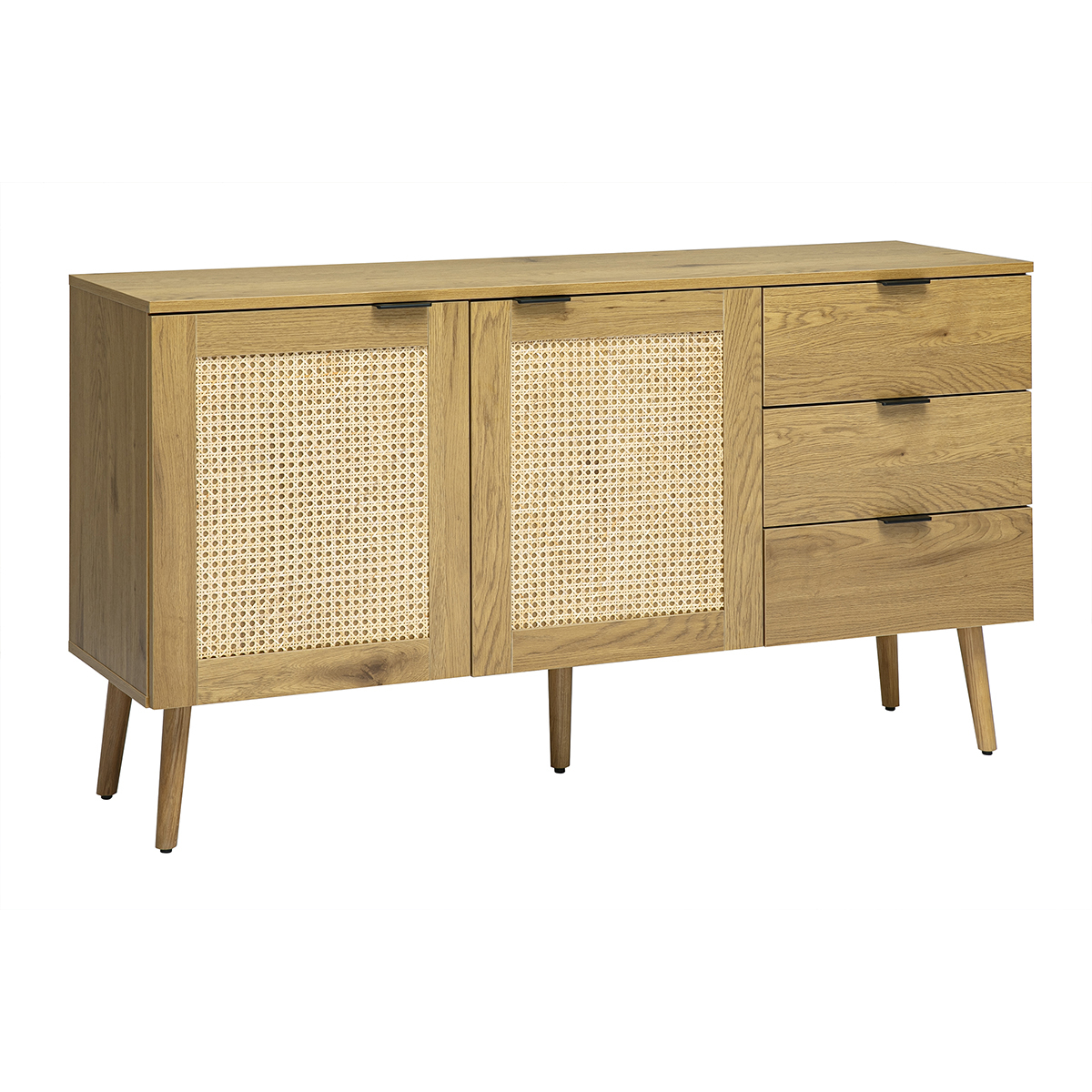 Buffet finition bois clair, cannage en rotin et métal noir 2 portes, 3 tiroirs L135 cm MANILLE couleur unique, MILIBOO