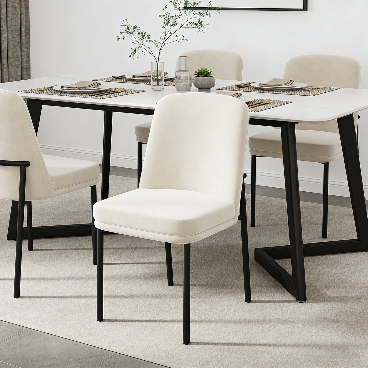 Lot de 4 chaises de salle à manger en velours avec pieds métal, DUORAUC beige, MEUBLES COSY