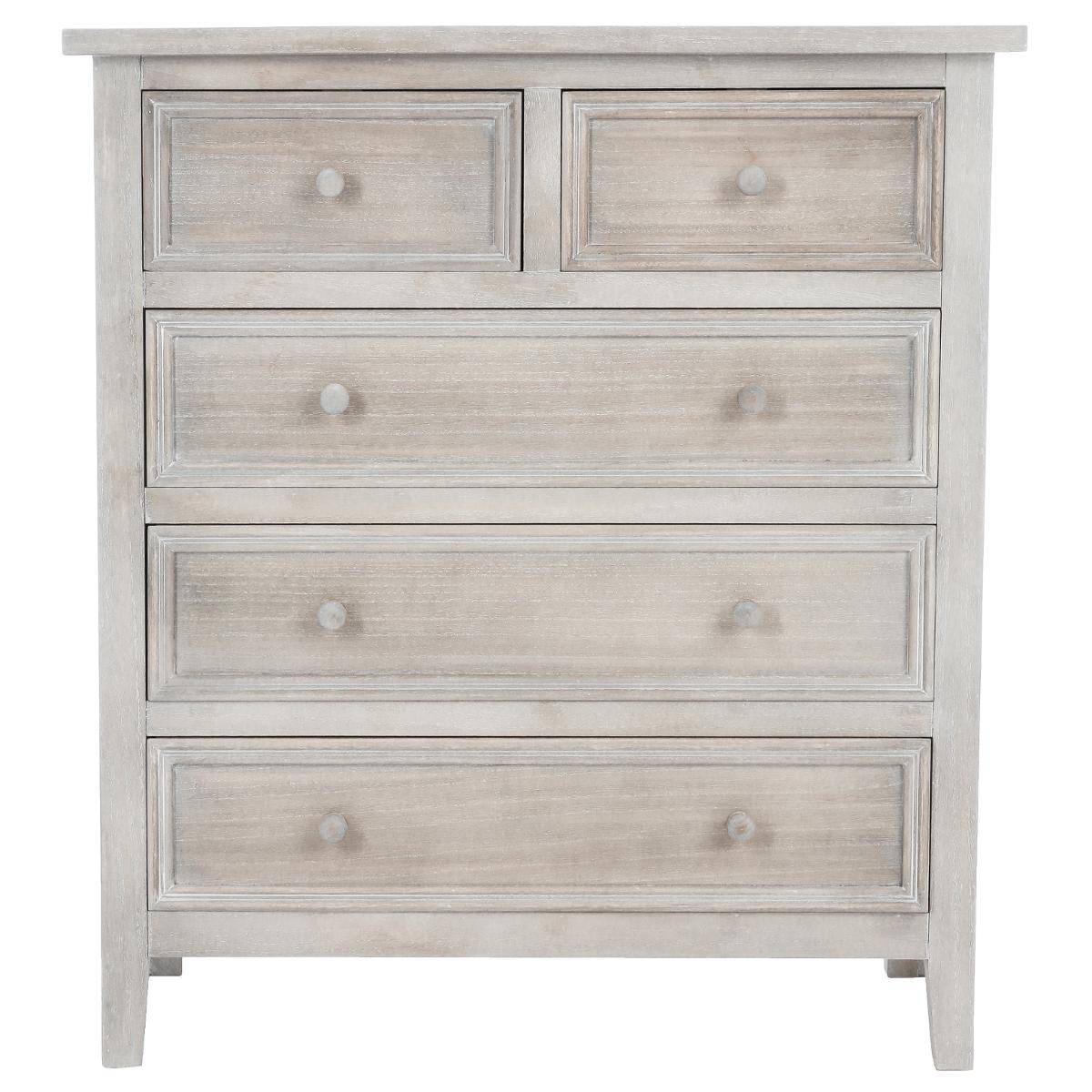 Commode 5 tiroirs moulures bois blanchi CHARME blanc cérusé, ATMOSPHERA