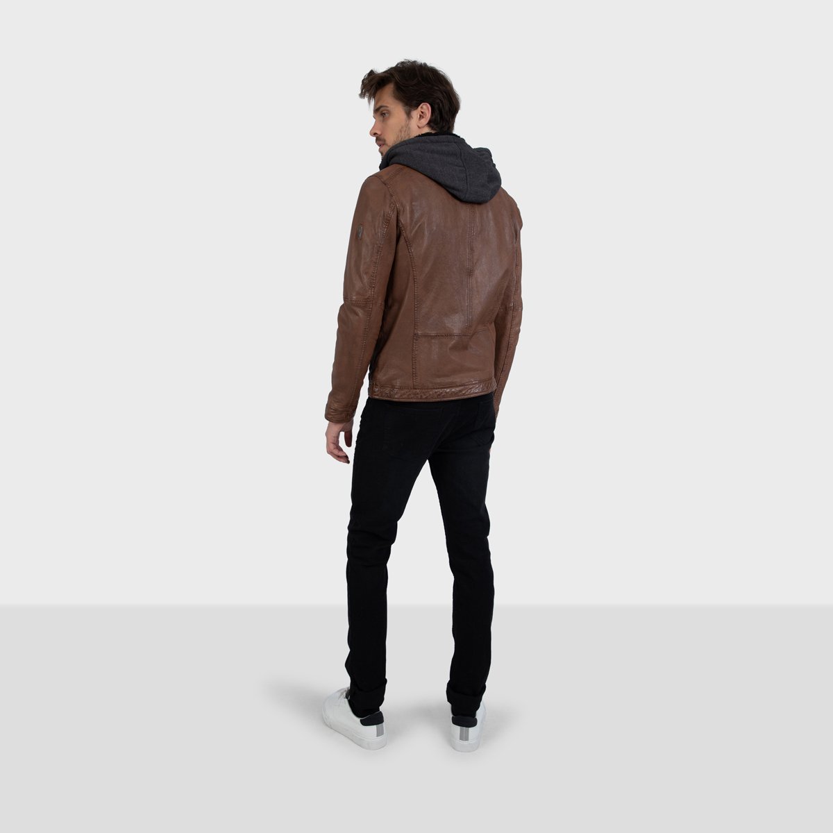 Blouson en cuir à capuche amovible DRINK brun, OAKWOOD