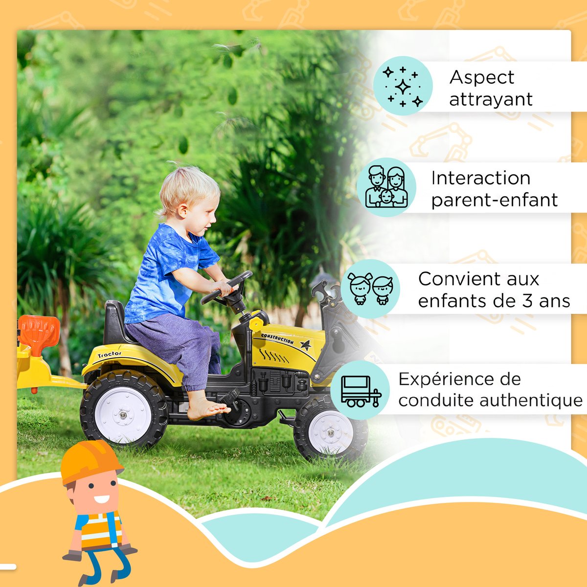 Voiture de chantier pour enfants Plastique jaune et noir, HOMCOM