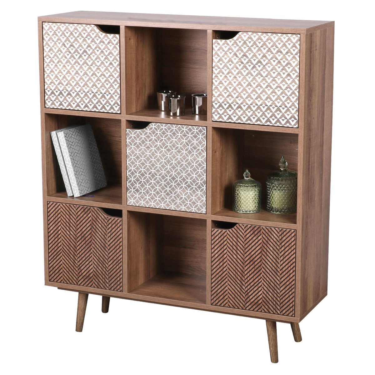 Étagère en bois 9 casiers avec portes décorées 90x29x105cm bois, WADIGA