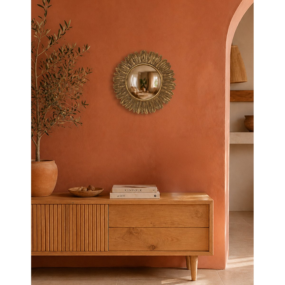Miroir rond soleil convexe contours plumes 33 cm or, EMDE
