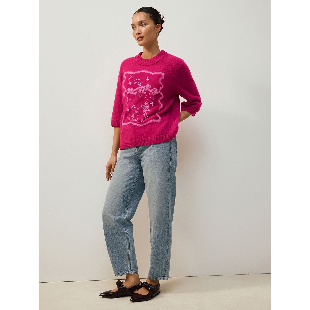Pull slogan graphique rose vif merry era, NEXT