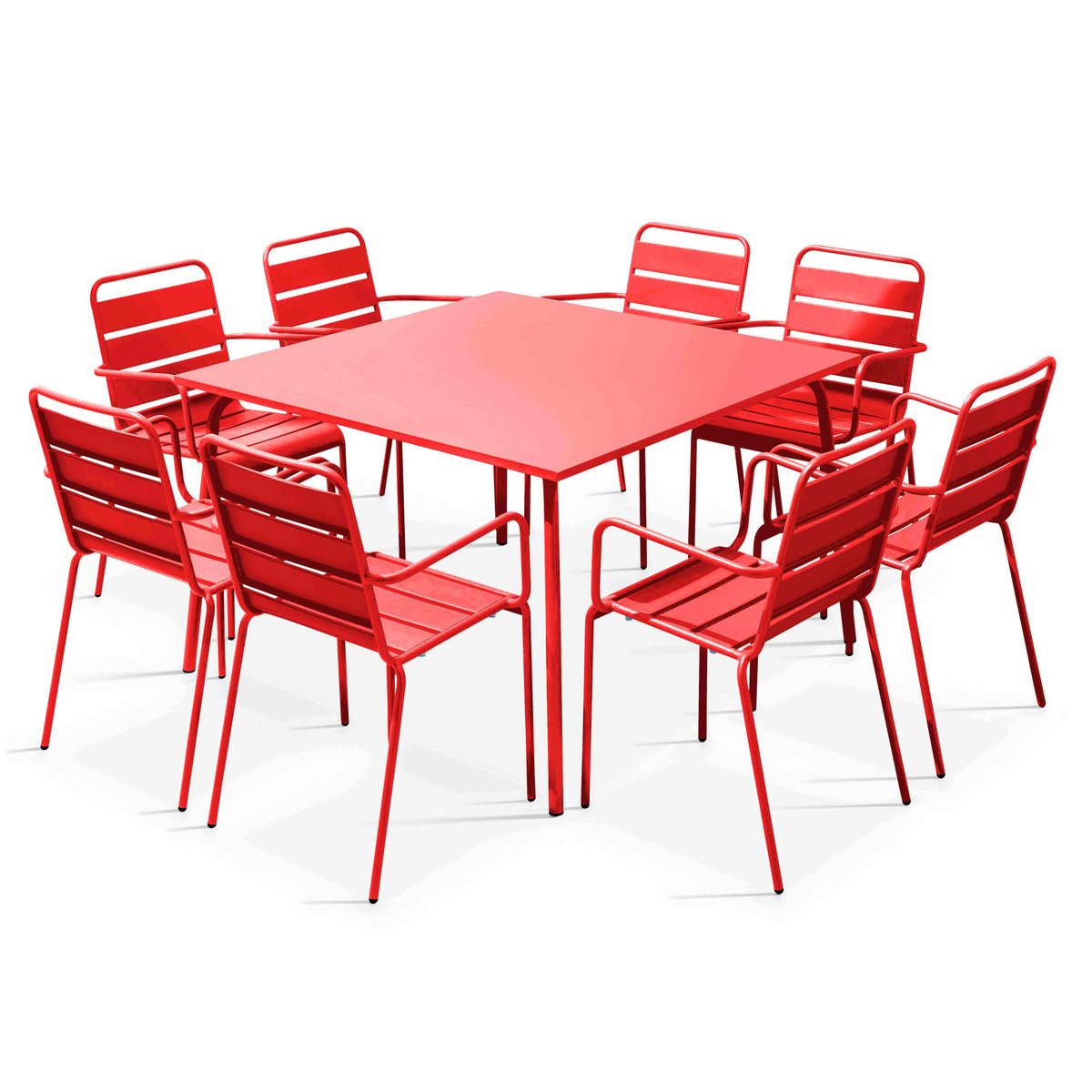 Salon de jardin table carrée et 8 fauteuils en métal, PALAVAS rouge, OVIALA