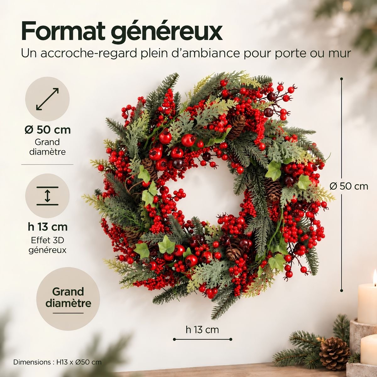Couronne de Noël avec pommes de pin Ø50 cm NORAH rouge, MICA DECORATIONS