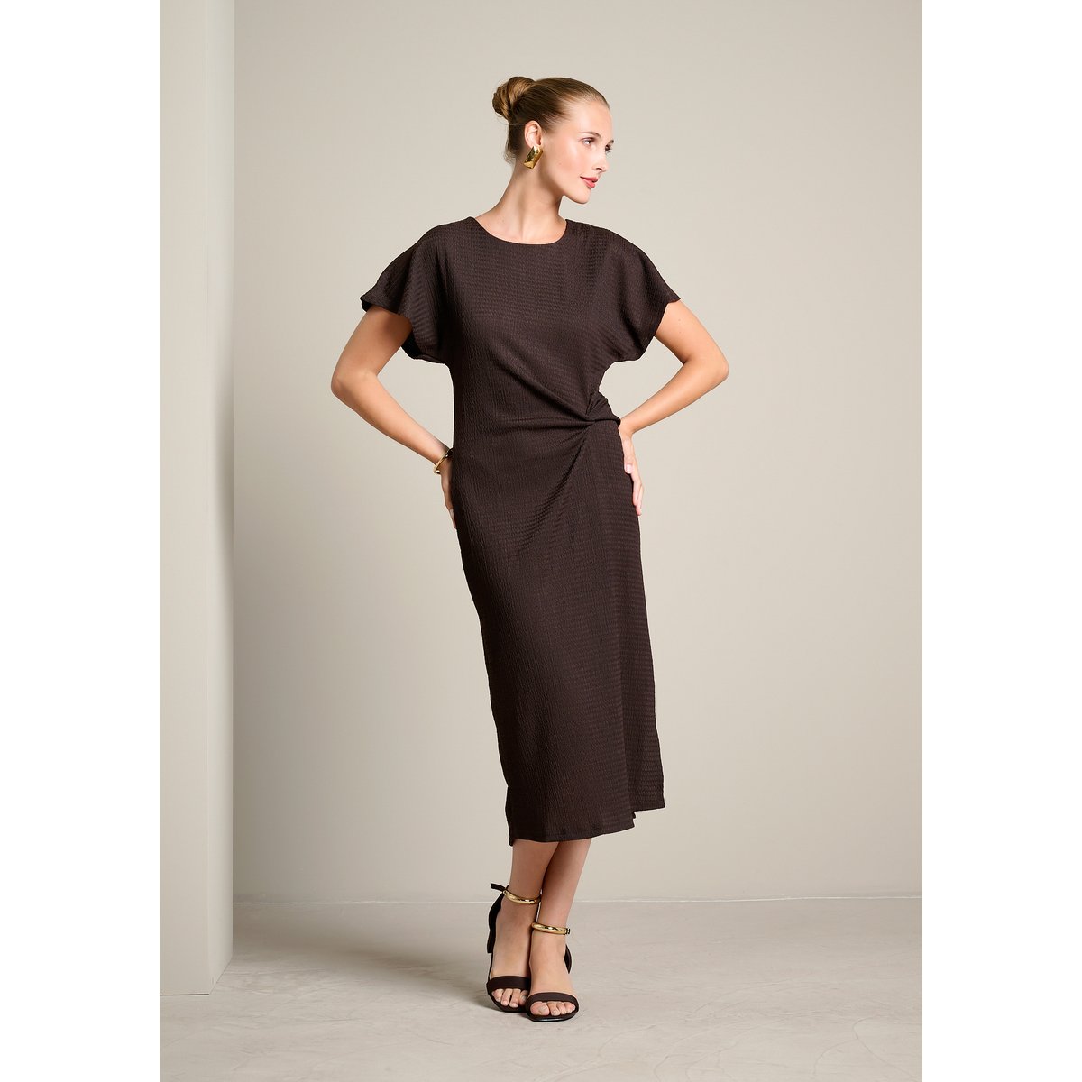 Robe midi maille gaufrée brun fonce chocolate, LOLALIZA