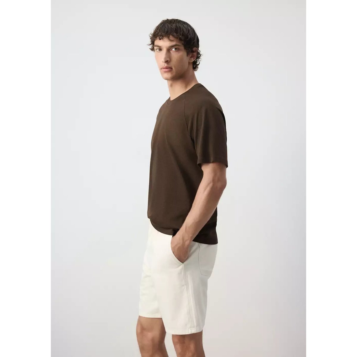 T-shirt relaxed fit en mélange de coton et lin chocolat, MANGO MAN