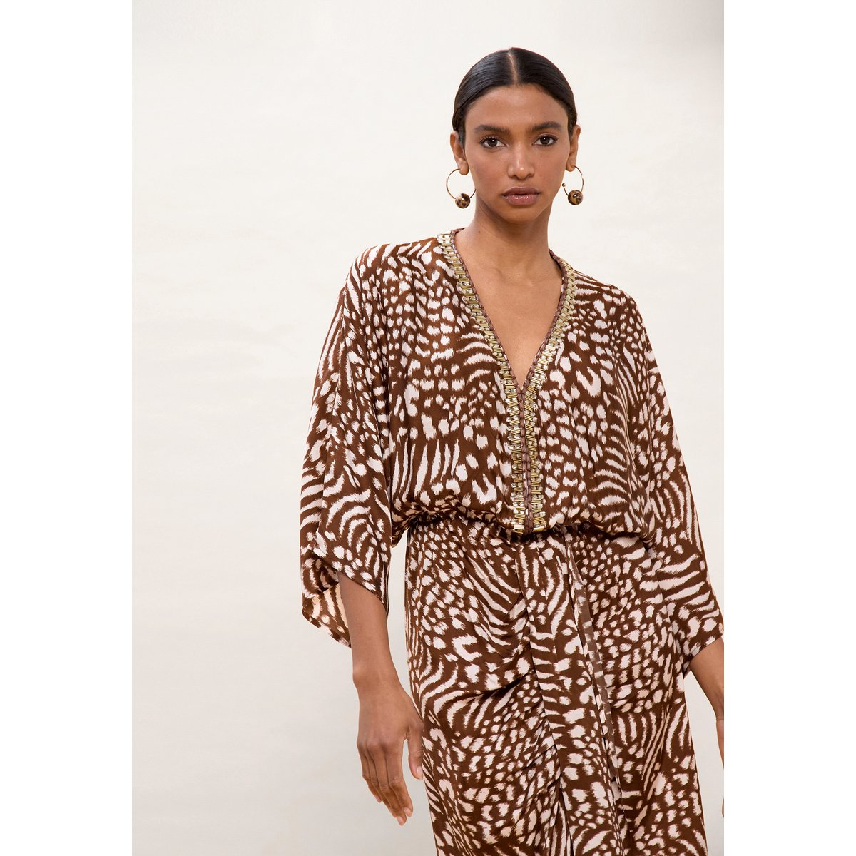 Robe longue style kaftan imprimé animal marron, LOLA CASADEMUNT