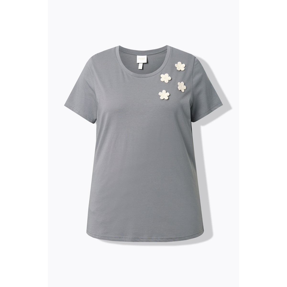 T-shirt en coton bio, fleurs en crochet gris foncé, ULLA POPKEN