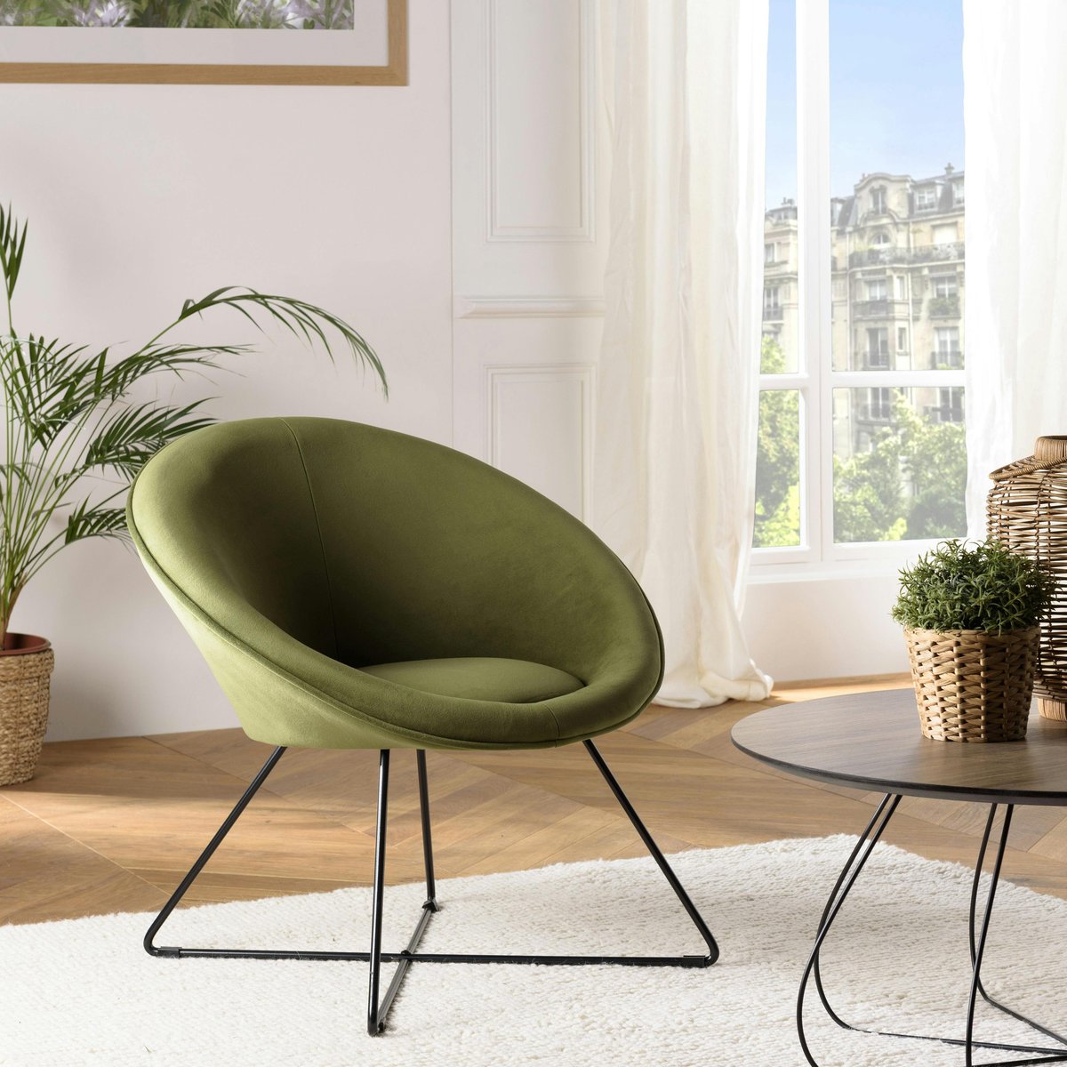 Fauteuil de salon rond velours vert olive TIM vert, PIER IMPORT
