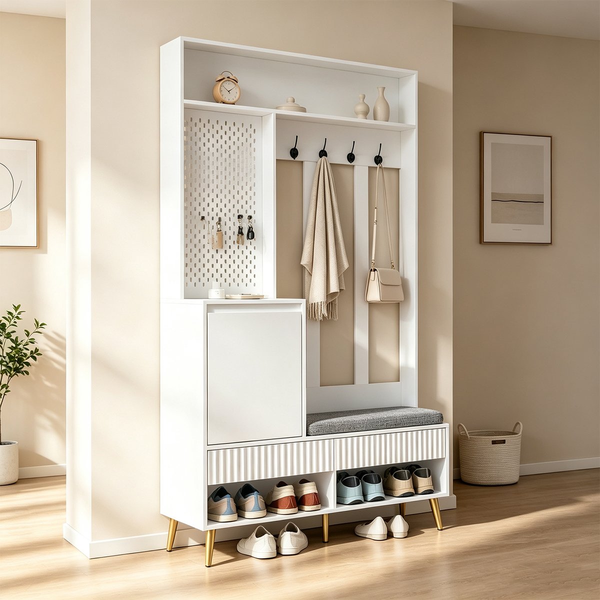 Vestiaire d'entrée avec banc et rangement, PORTER blanc, MEUBLES COSY