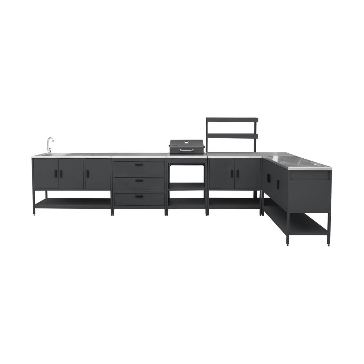 Cuisine d'extérieure 5 modules avec barbecue charbon de bois sur pieds, 2 étagères et thermomètre NAXOS BARBECUE CHARBON + 5 MODULES noir, SWEEEK