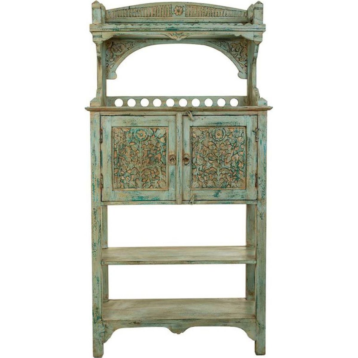 Buffet en manguier sculpté, 2 Portes bleu patiné bois de manguier, RECOLLECTION