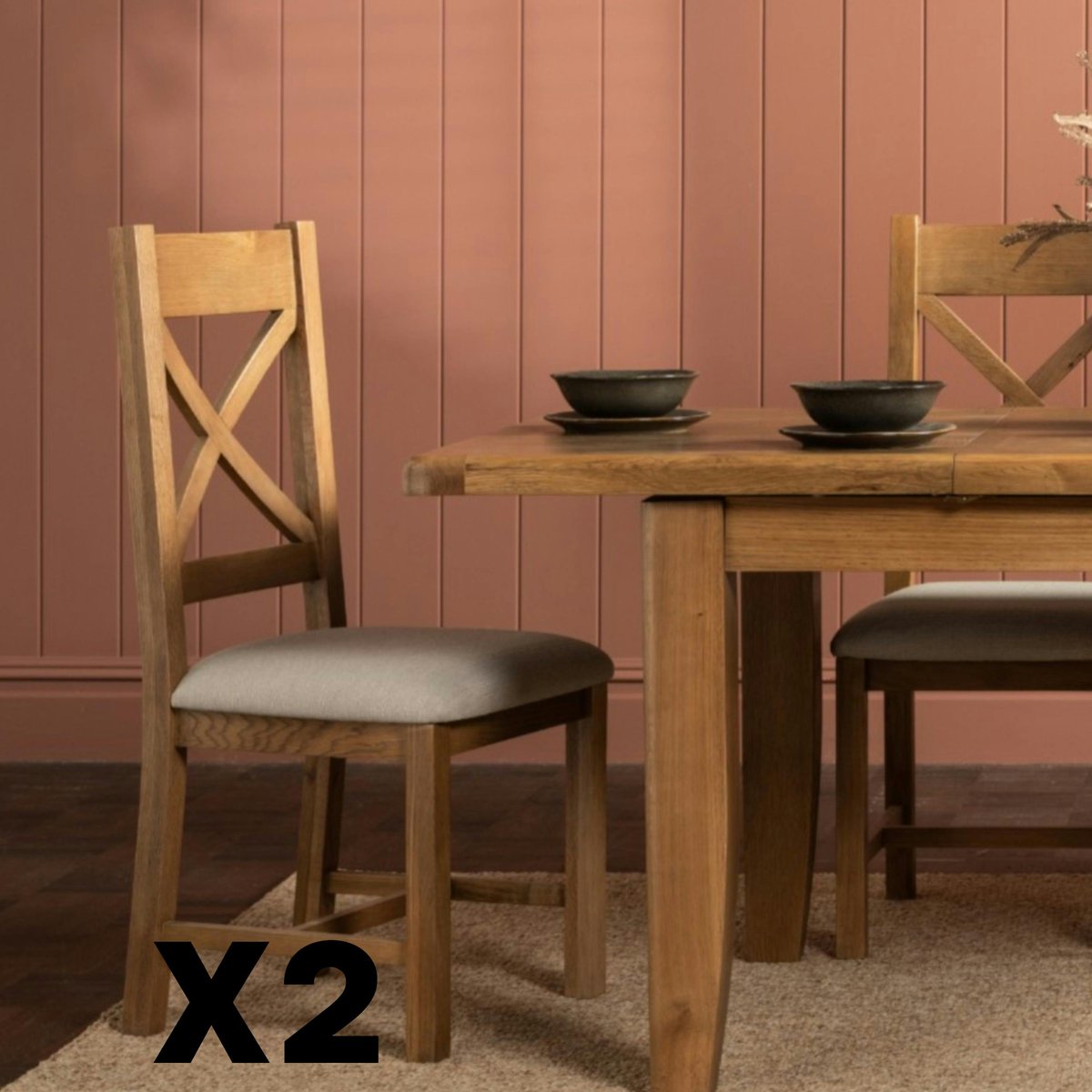 Chaise bois et tissu dossier en croix (lot de 2) VALMONT bois naturel, PIER IMPORT