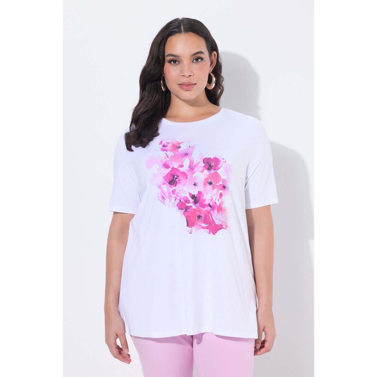 T-shirt en coton Pima, motif à fleurs blanc neige, ULLA POPKEN