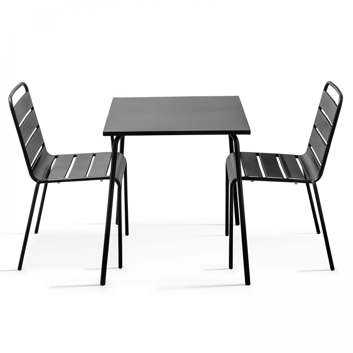 Salon de jardin table carrée et 2 chaises en métal, PALAVAS gris anthracite, OVIALA