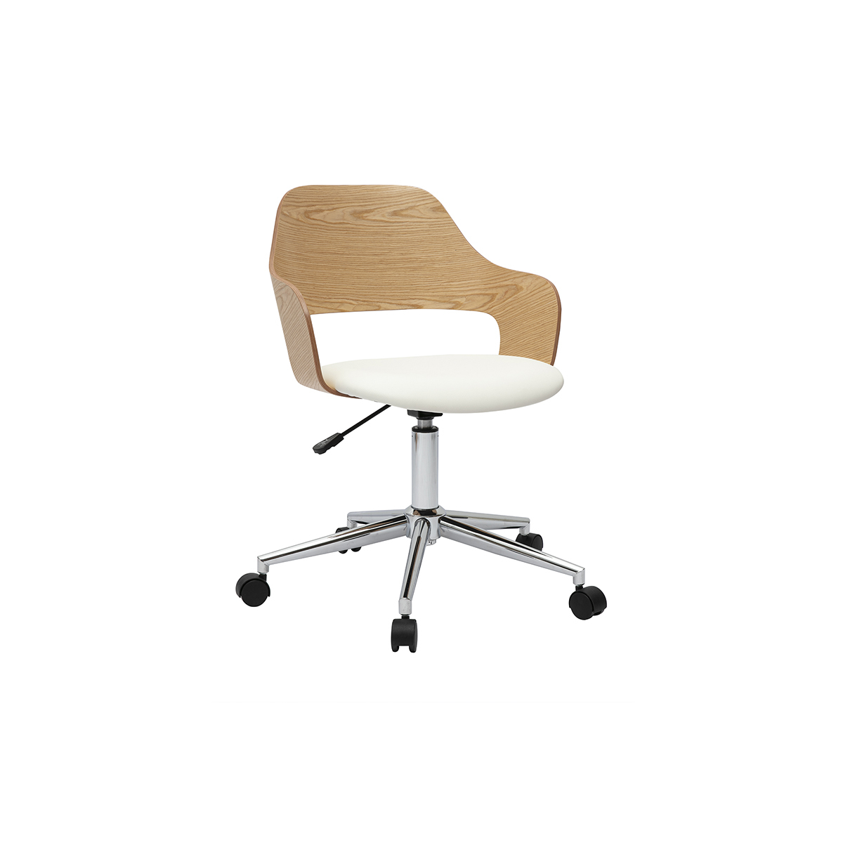 Chaise de bureau à roulettes design blanc, bois clair chêne et acier chromé JANET blanc, MILIBOO