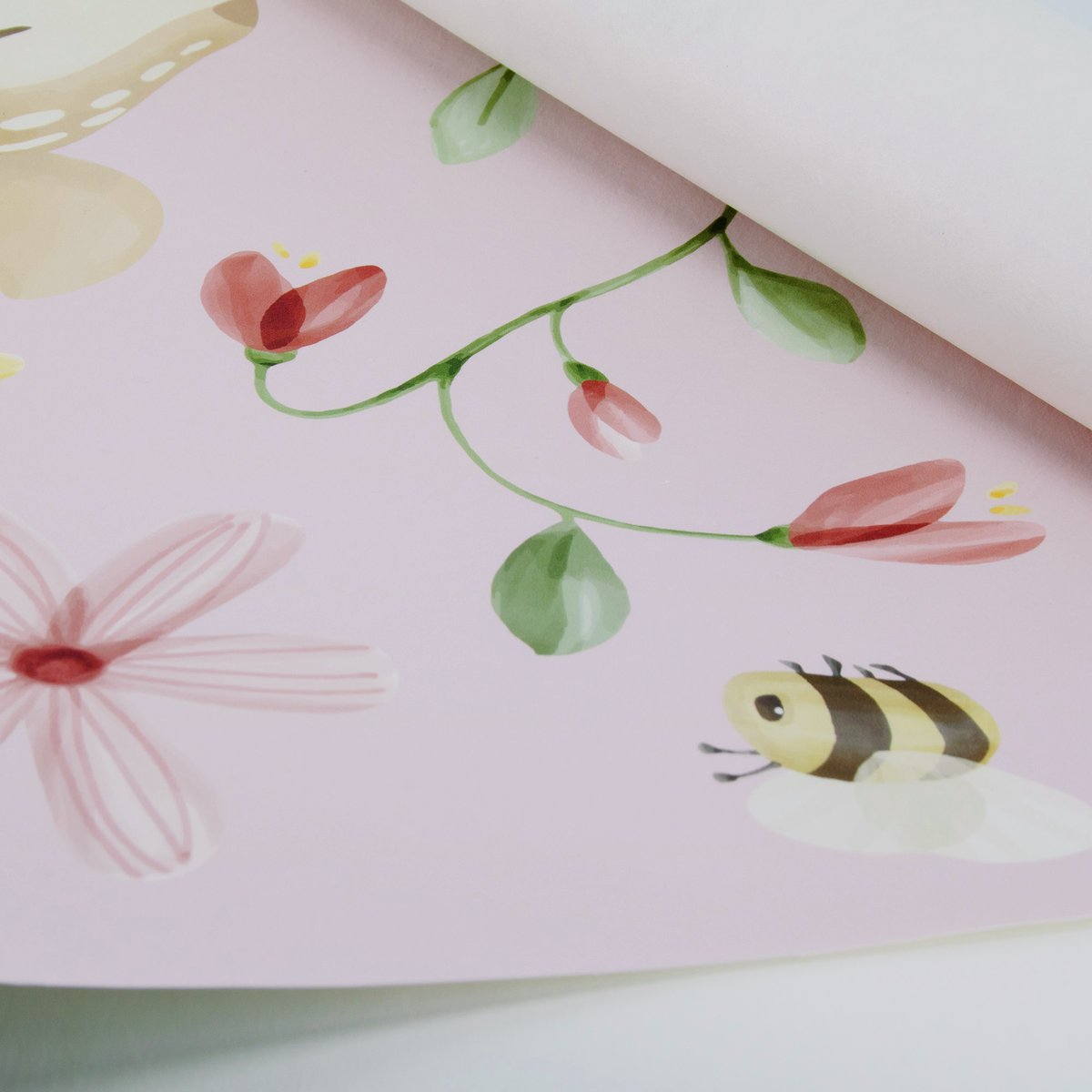 Papier peint rond pour enfant Petit faon rose, vert, ocre, LITTLE DUTCH