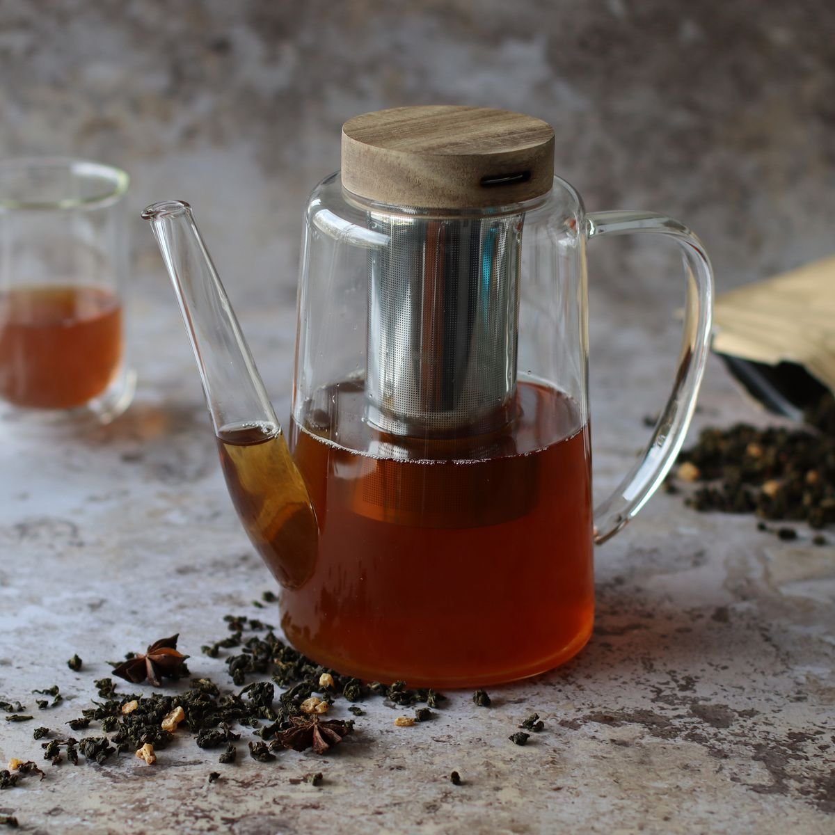 Théière en verre et couvercle en bois 1,2L, GUSTAVE transparent, OGO LIVING
