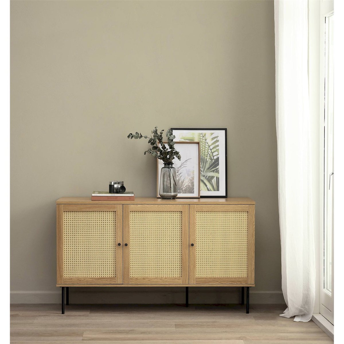Buffet 3 portes effet cannage MOGEST beige et noir, RECOLLECTION