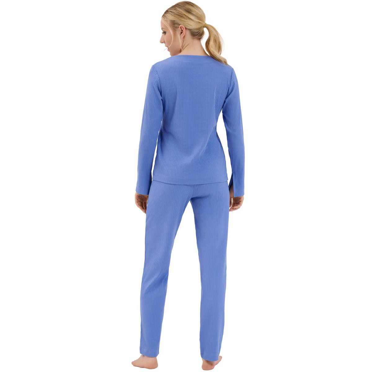 Haut pyjama top col V manches longues Lucky bleu, LISCA