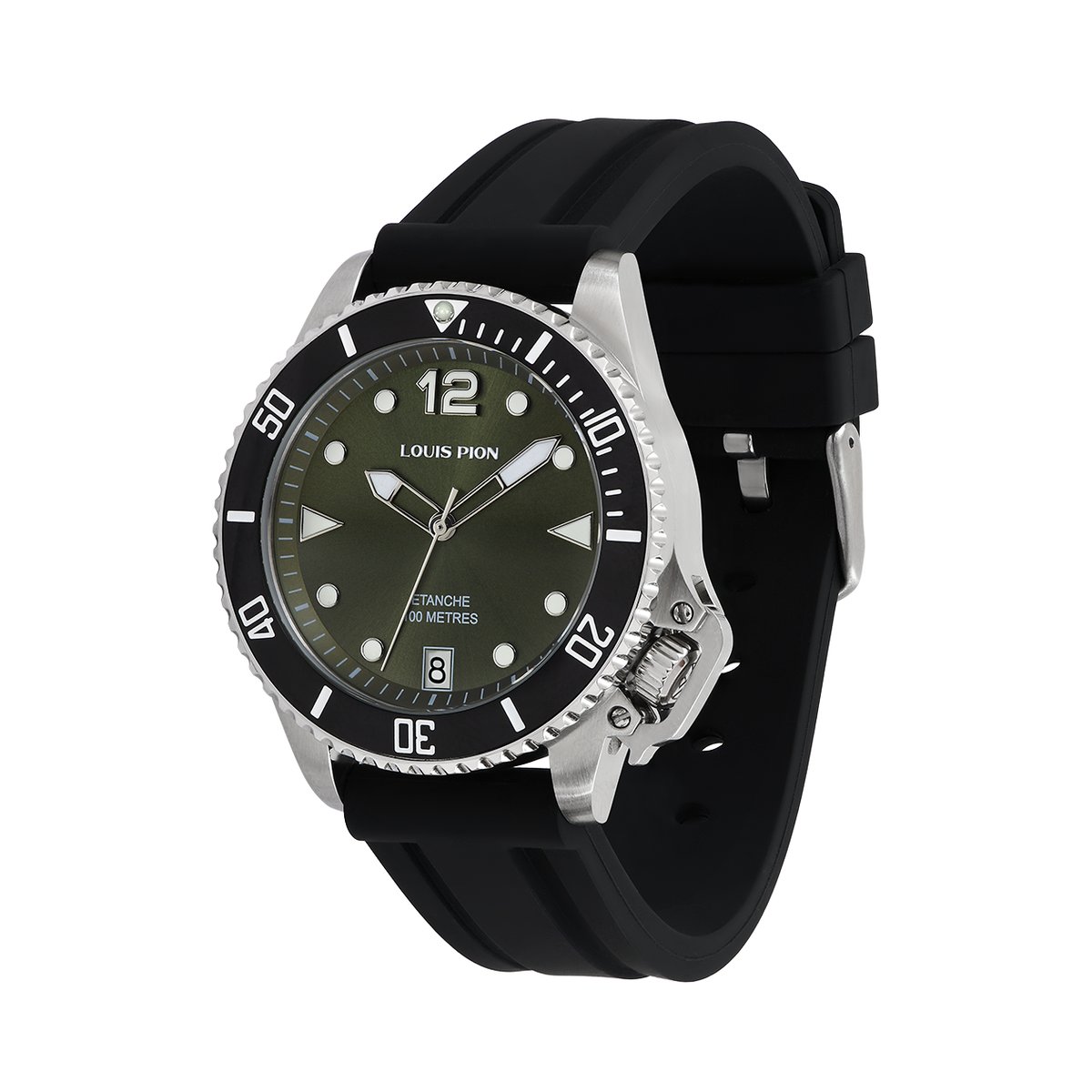 Montre Analogique  MARIN argenté vert olive noir, LOUIS PION