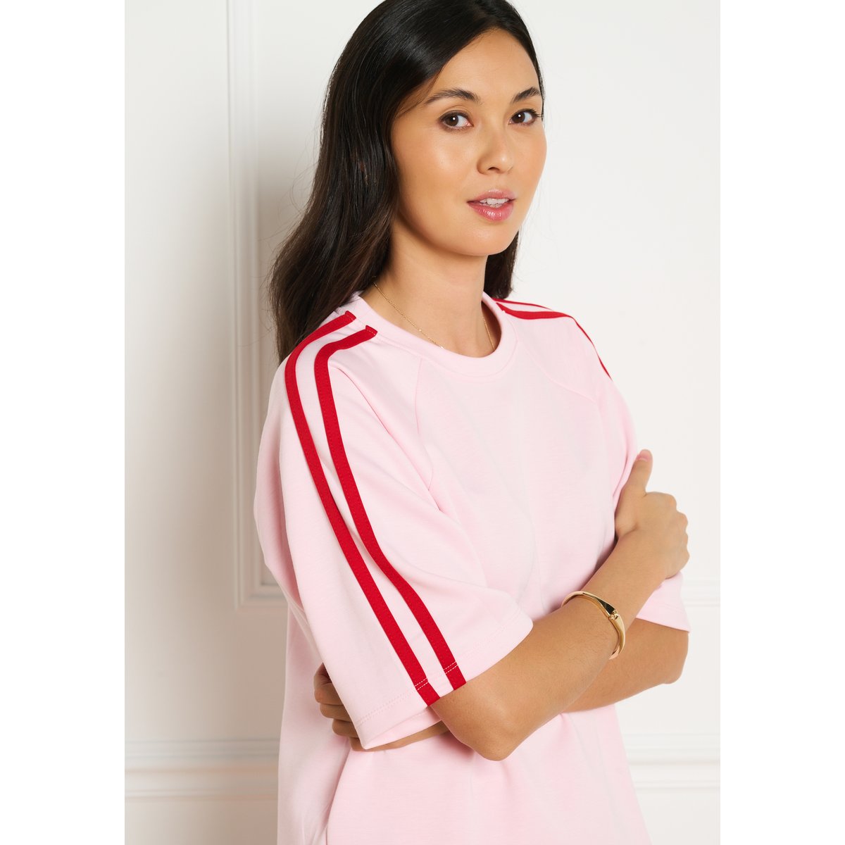 T-shirt sportswear à bandes rose nude, LOLALIZA