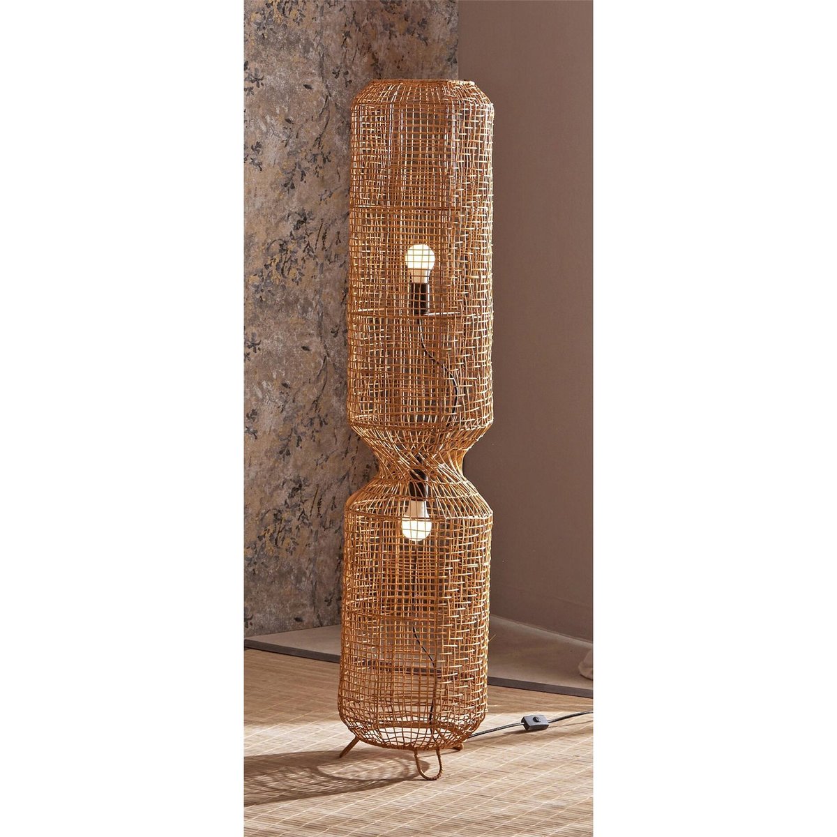 Lampadaire en rotin forme ronde rotin naturel clair, RECOLLECTION