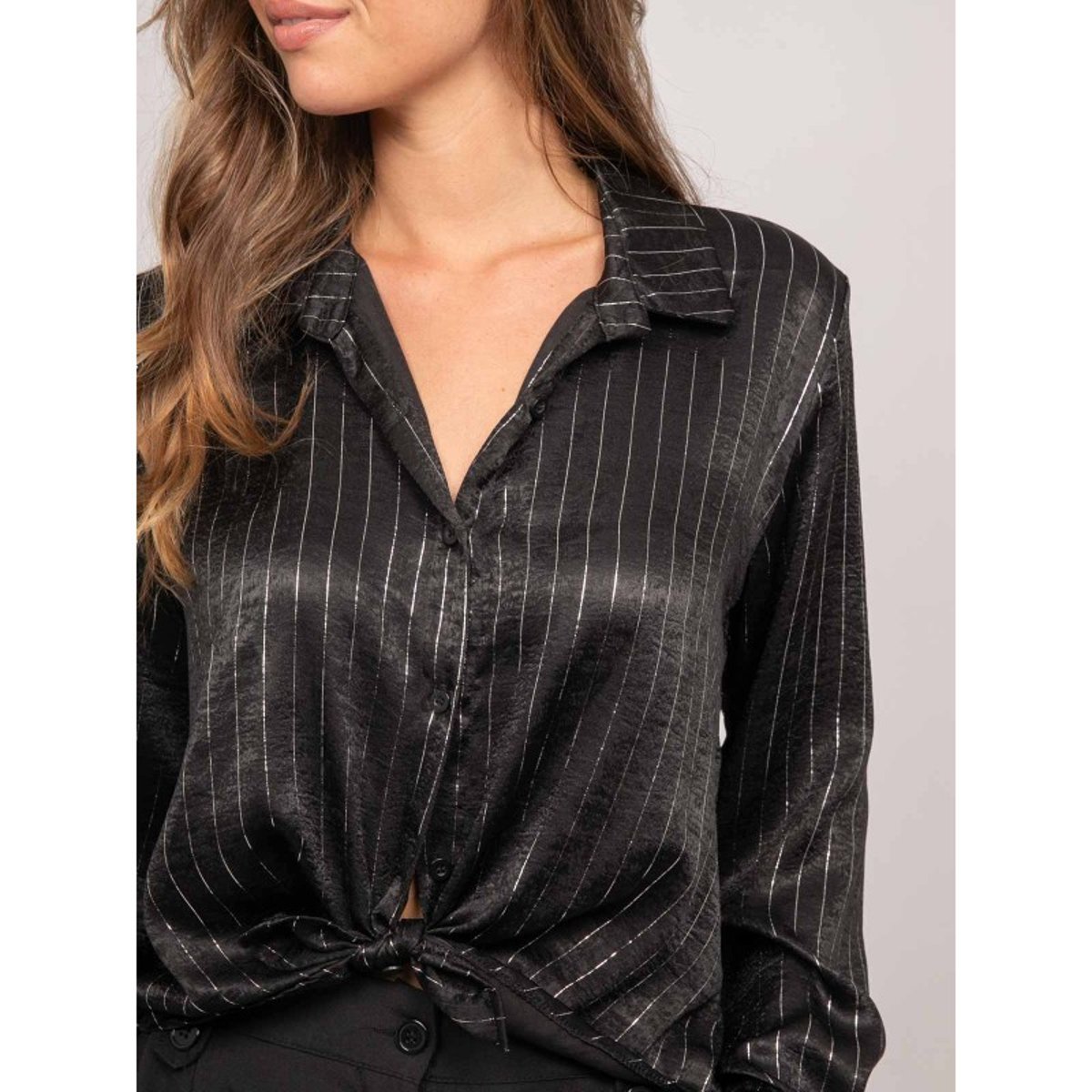 Chemise Satinée Rayures Métallisées Orona noir, DONA LISA