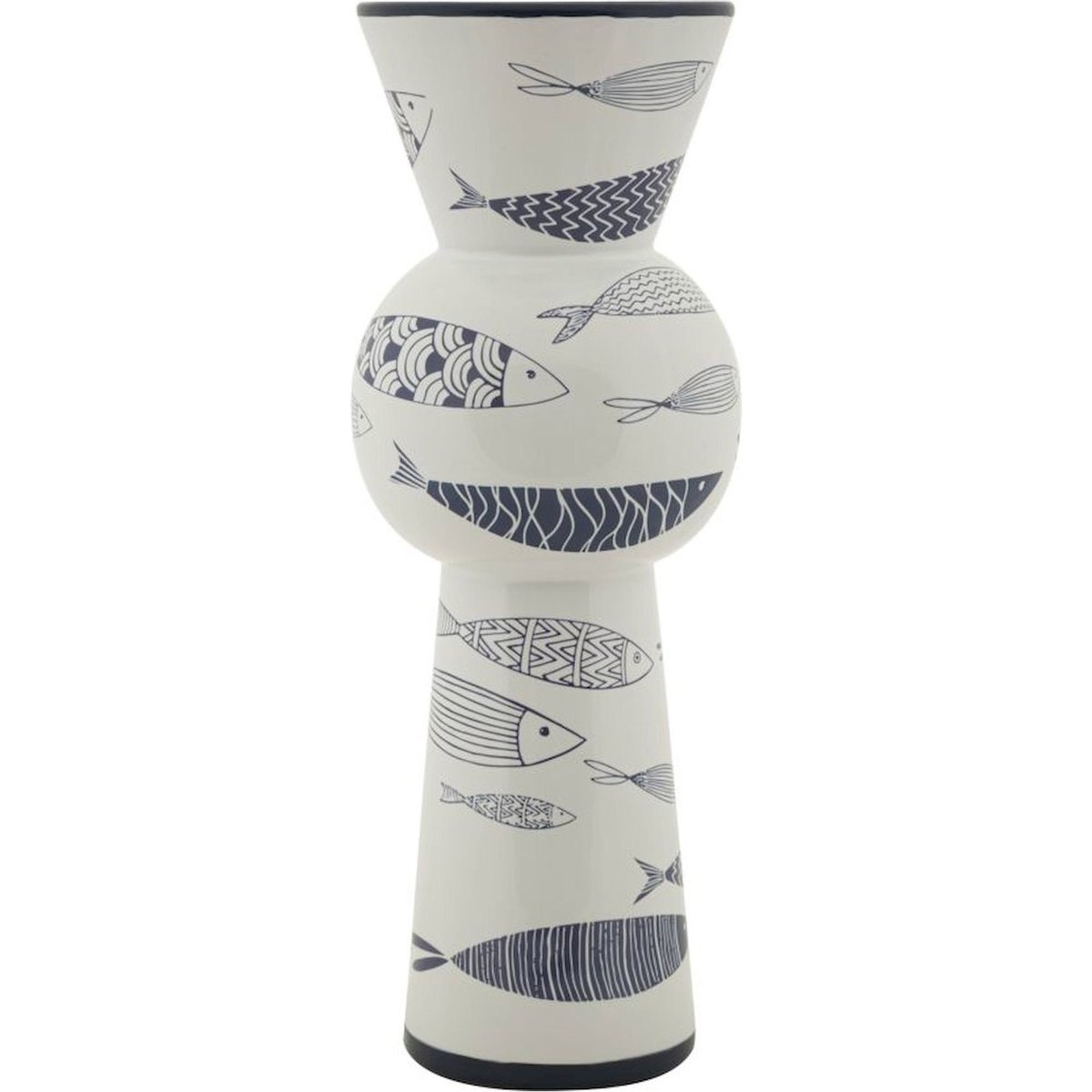 Vase haut en céramique motif poissons MODERN blanc avec décorations bleues, RECOLLECTION